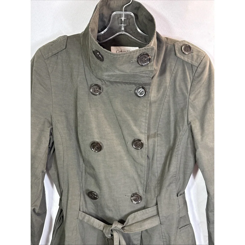 Calvin Klein pleated Trench Coat M Green Double Breasted Pockets Belt Lining
